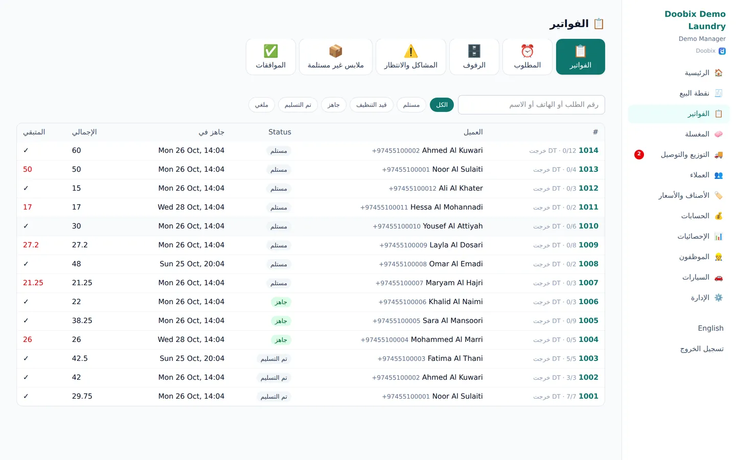 الفواتير: كل فاتورة مع عميلها ومرحلتها وموعد جاهزيتها وما تبقى عليها.